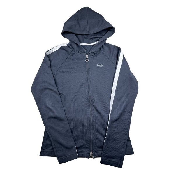 Calvin Klein Jeans Hoodie Womens Size Medium Black White Zip Front Jacket - Picture 1 of 9